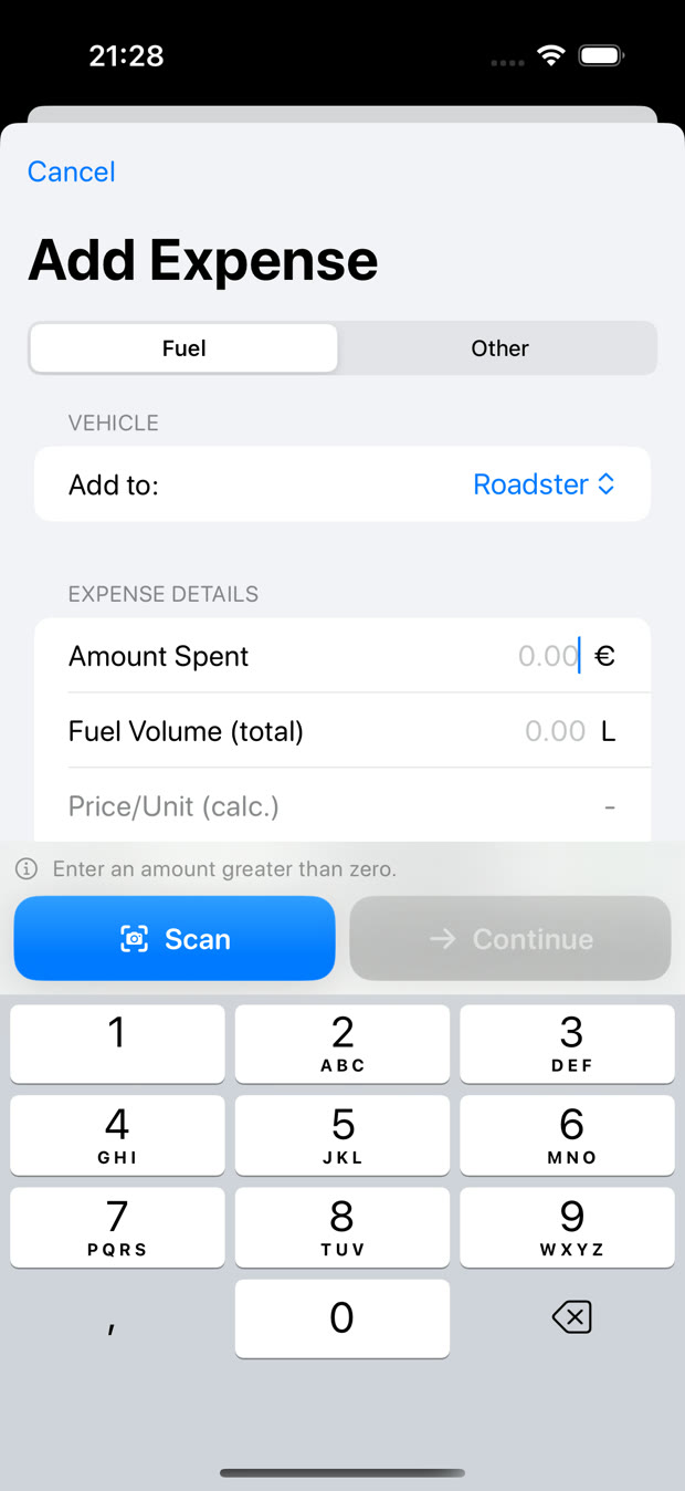 Fuel expense entry with receipt scanning