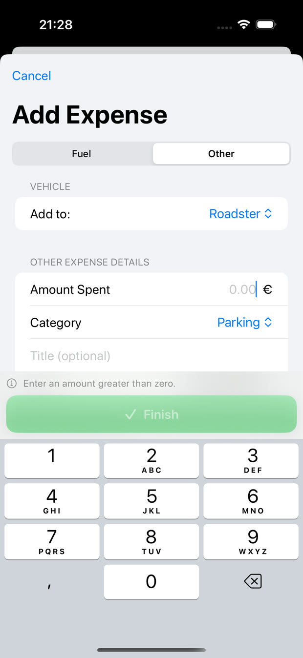 Entry form for another vehicle expense