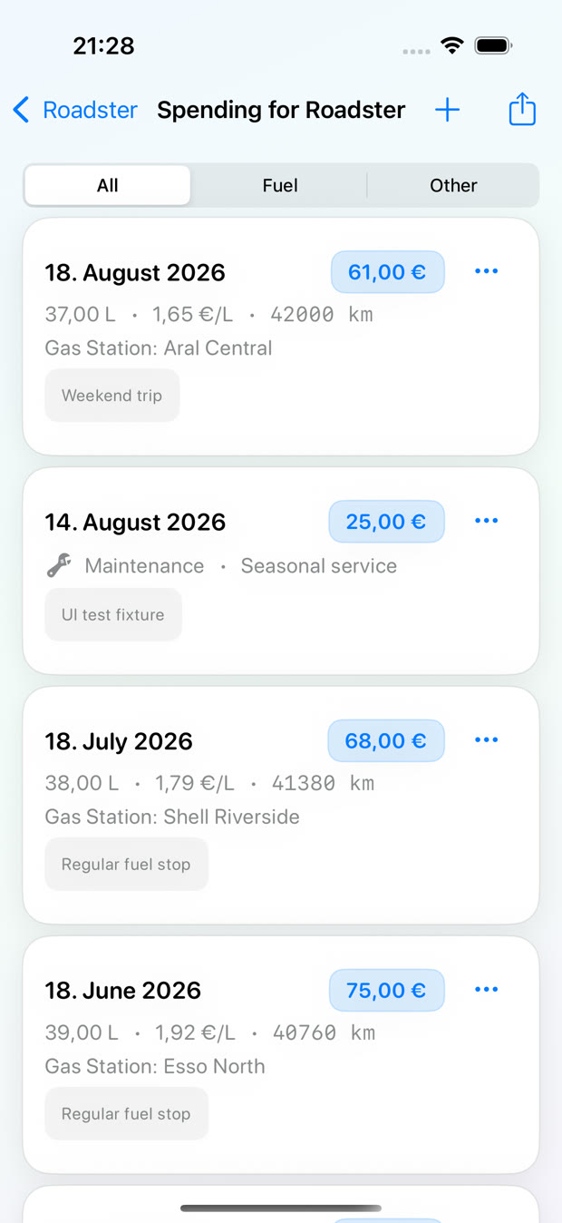 Filterable vehicle expense history