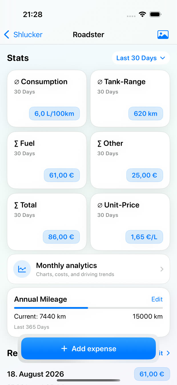 Vehicle overview with consumption, costs and range